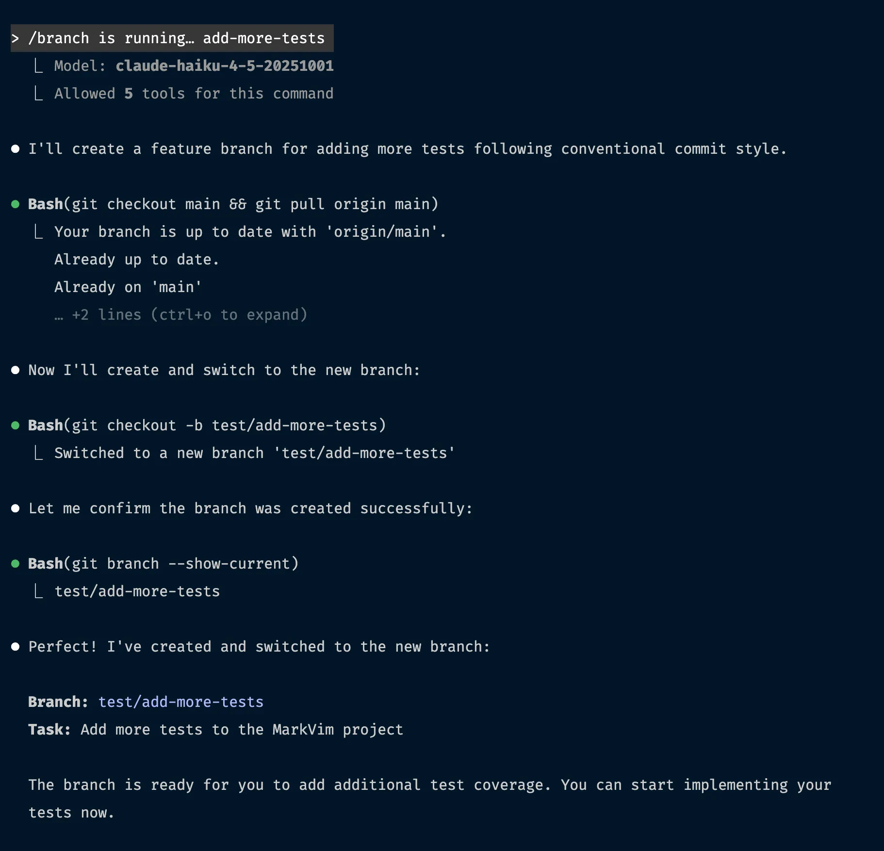 Claude Code executing /branch command showing git operations