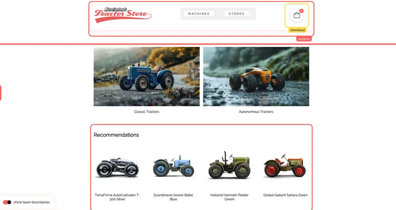 Tractor Store application overview showing the microfrontend architecture with product listings, recommendations, and shopping cart functionality