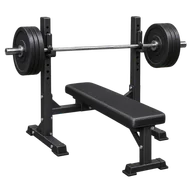 Generated bench press illustration with a black bench, rack, and loaded barbell.